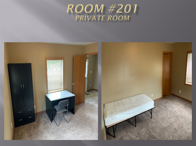 Private Room #201 with desk and bed.