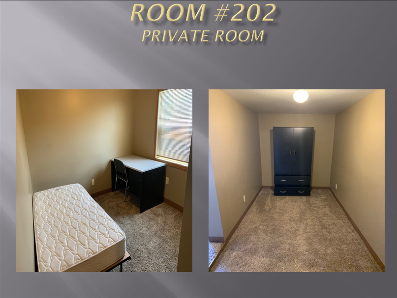 Private room #202 with bed and closet.