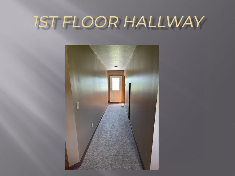 Carpeted hallway with a door at the end.