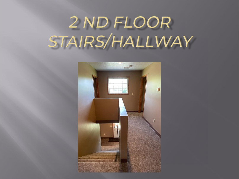 Second floor hallway with carpeted stairs.