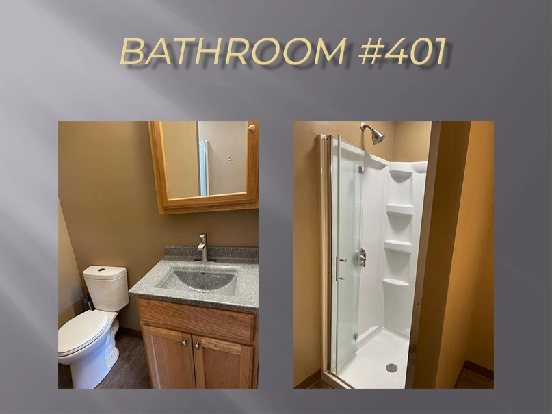 Bathroom #401 with toilet, sink, and shower.